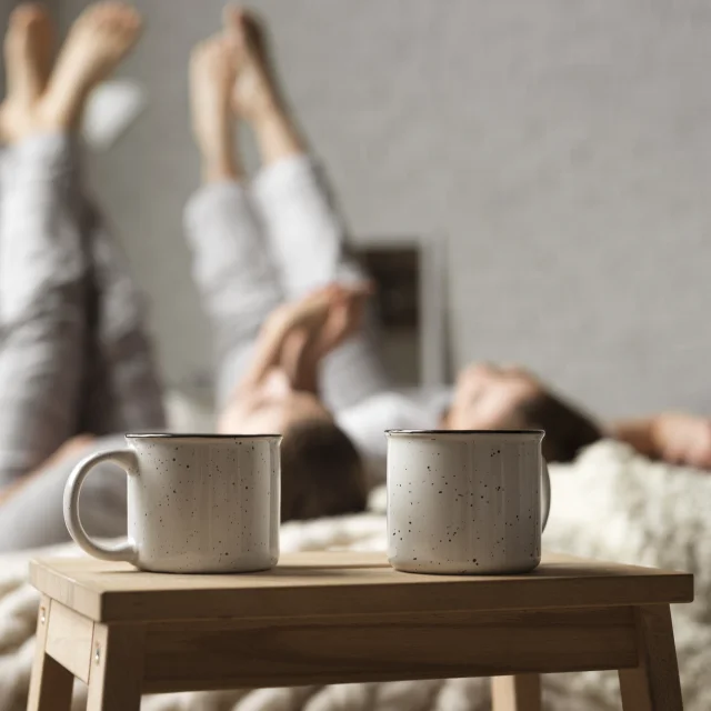 Coffee Cups Table With Couple Bed