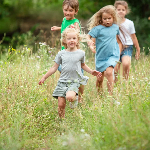 Kids Children Running Green Meadow