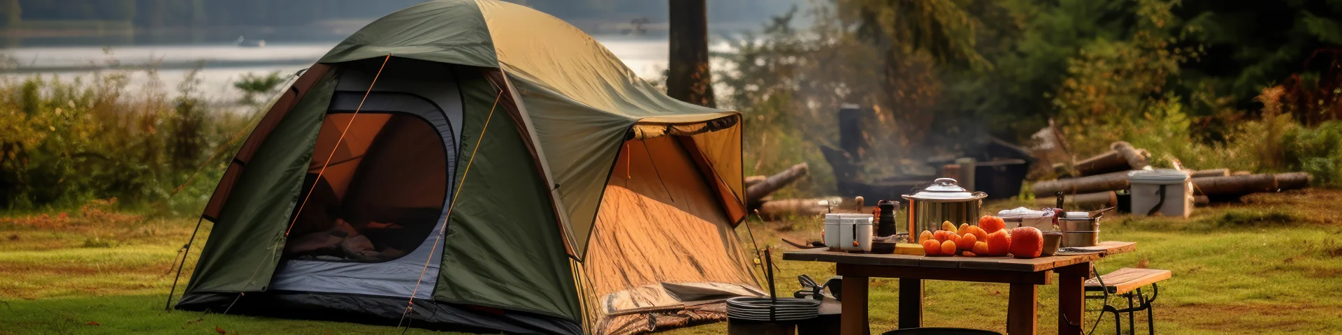 Tent set up with cooking pots on the ground for camping